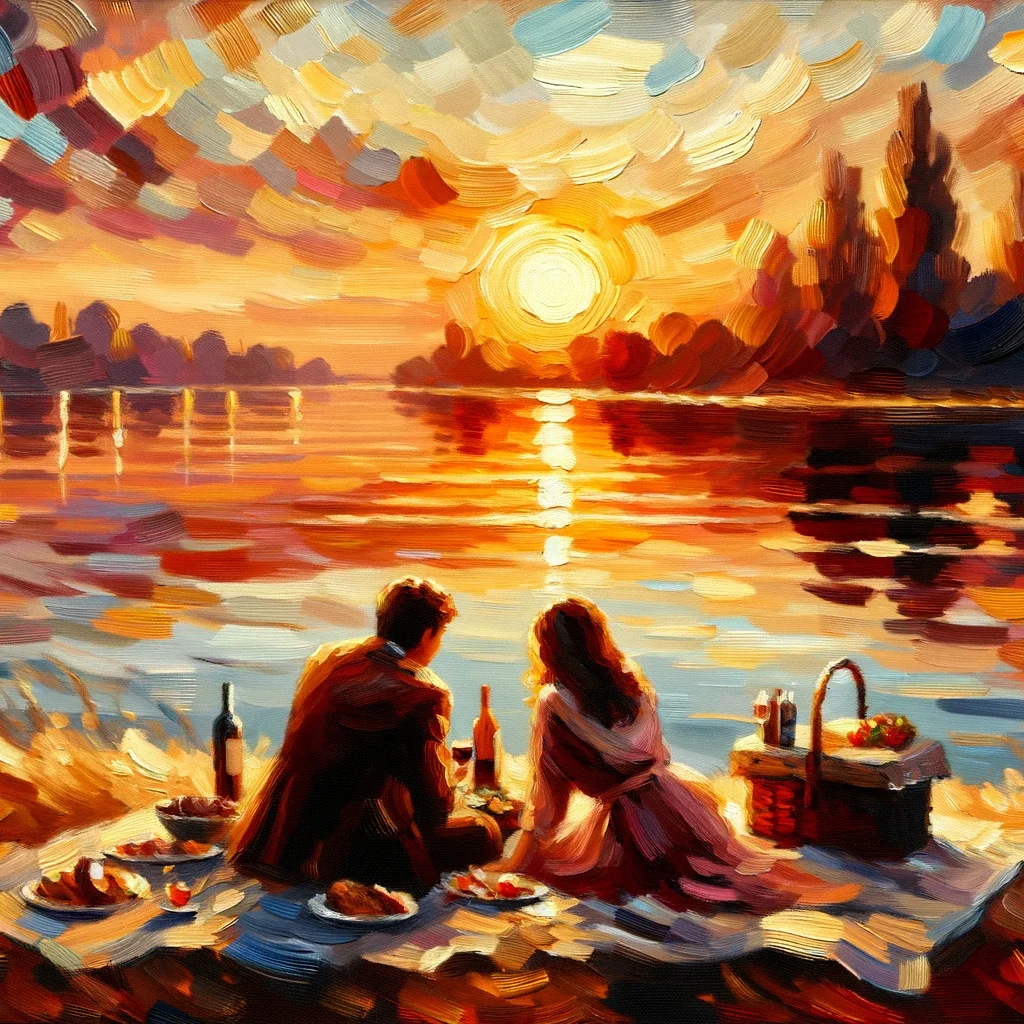 Romantische Picknick-Szene mit einem Paar am See bei Sonnenuntergang
